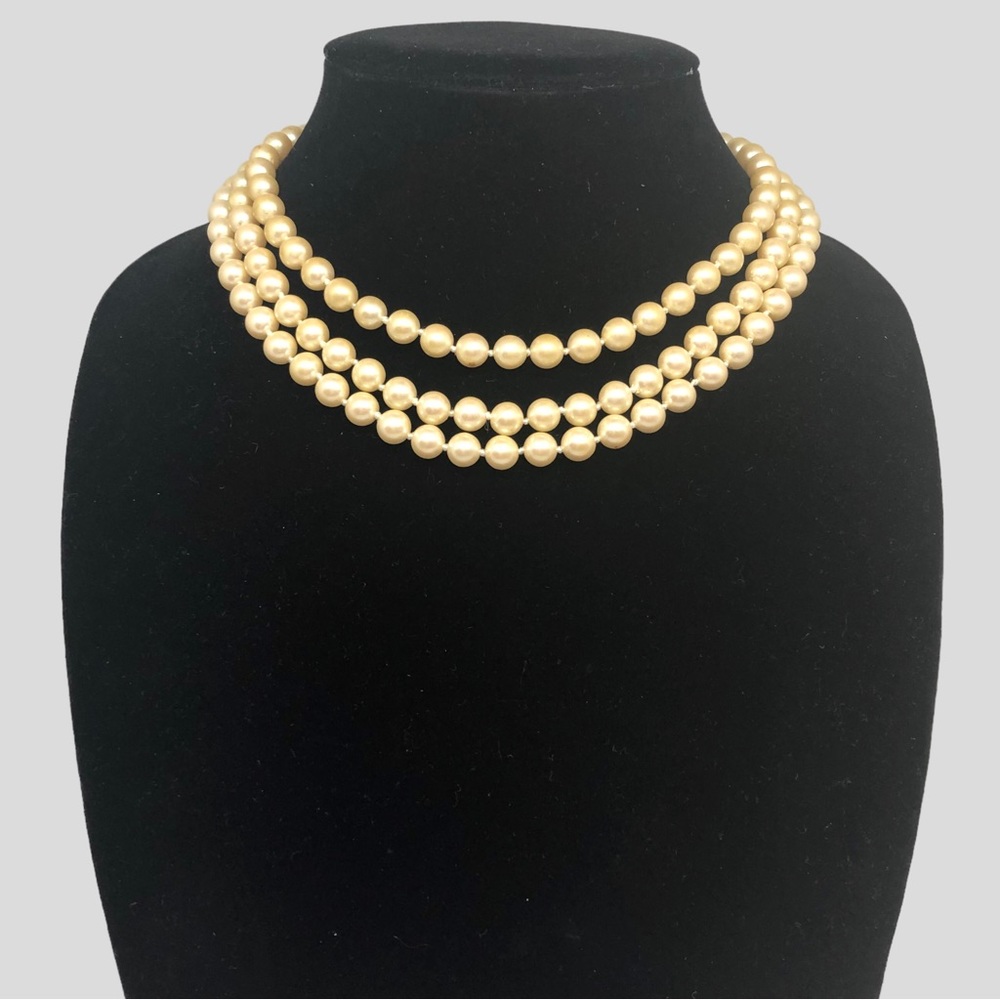 3 Strand Faux Pearl Bib Necklace Cream Color Faux Pearls 15”